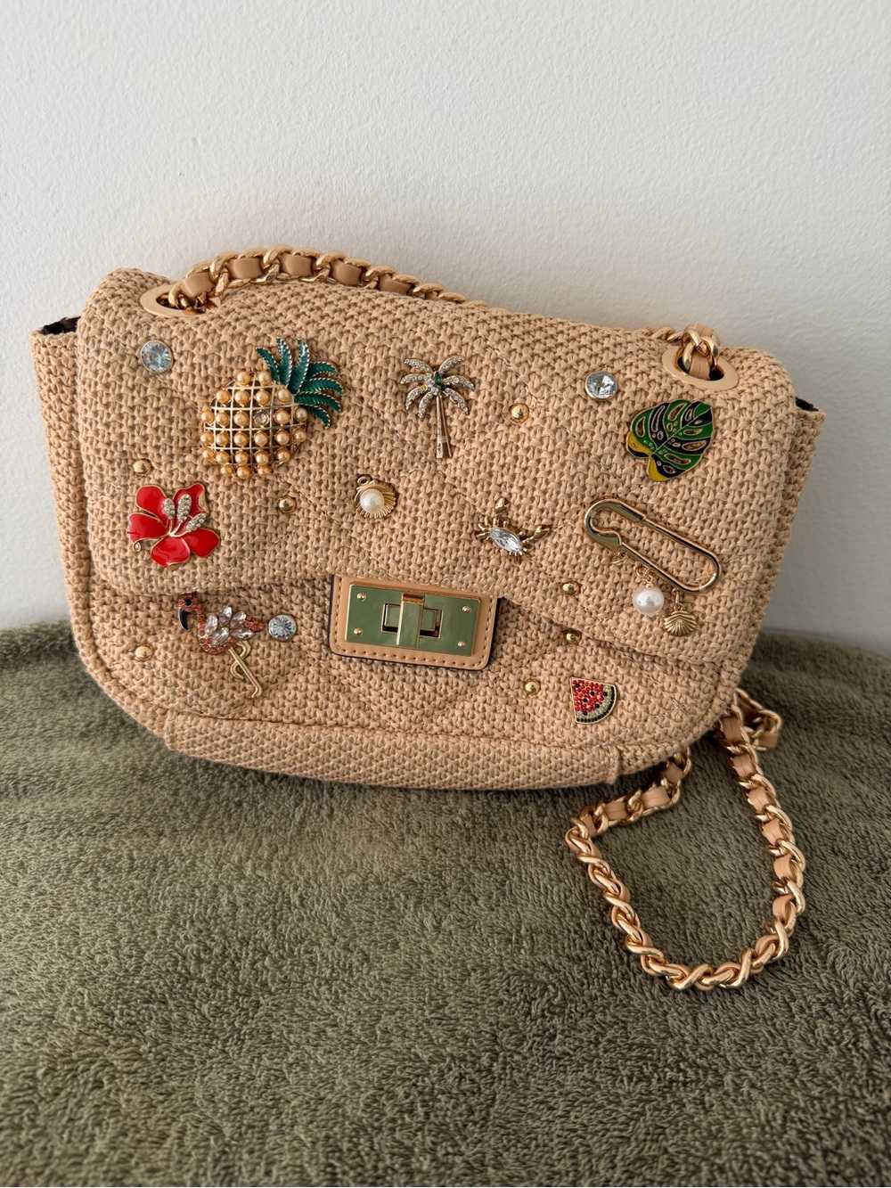 Aldo Beige Woven Shoulder Bag with Gold Chain and Tropical Charms